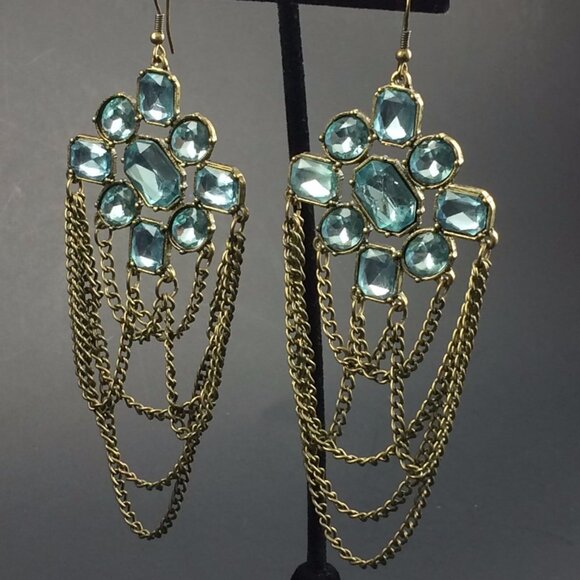 Long Blue Rhinestone Chain Swag Drop Costume Earrings Faceted 5" Runway - Picture 6 of 10